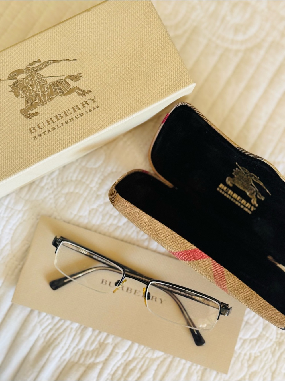 Burberry Men’s Black and Gold Semi-Rimless Optical Glasses